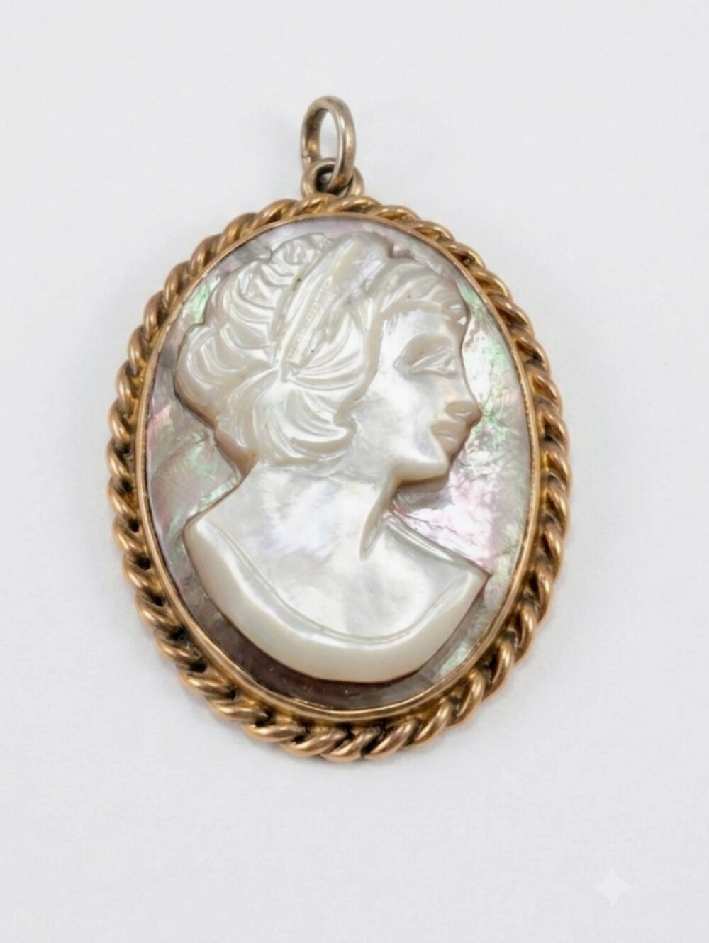 Vintage 80s Carla 14K Gold Mother of Pearl Shell Cameo Brooch Pendant